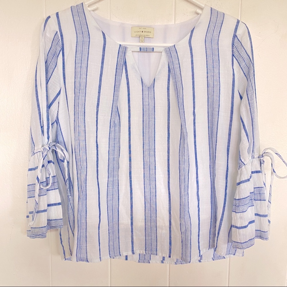 Lucky Brand Blue & White Striped V Neck Blouse Top
